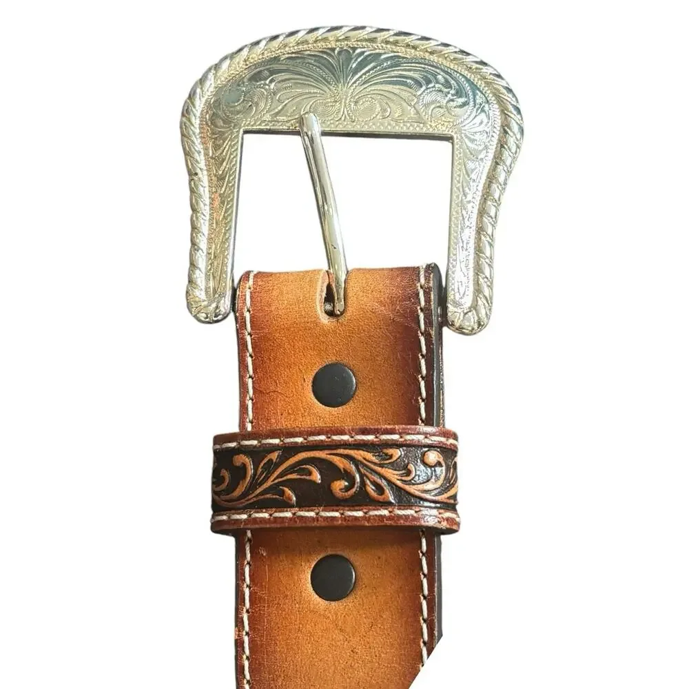 Tony Lama Men's Belt Tan Brown Tooled Embossed Leather Studded Western Cowboy 36